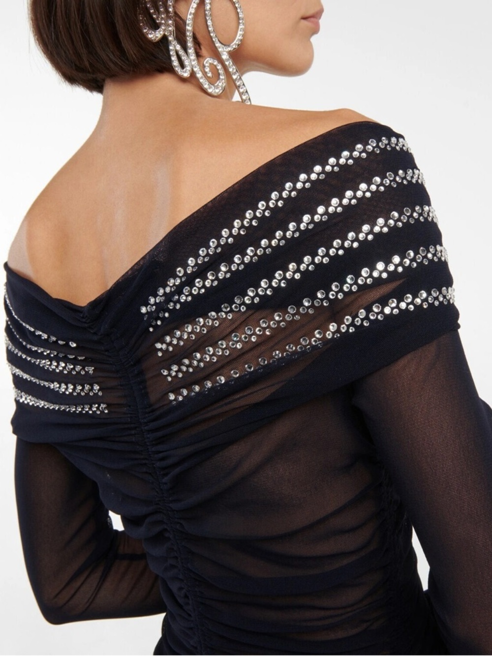 JEAN PAUL GAULTIER Crystal Embellished Mesh Off Shoulder Ruched Dress in Navy - Picture 3 of 13